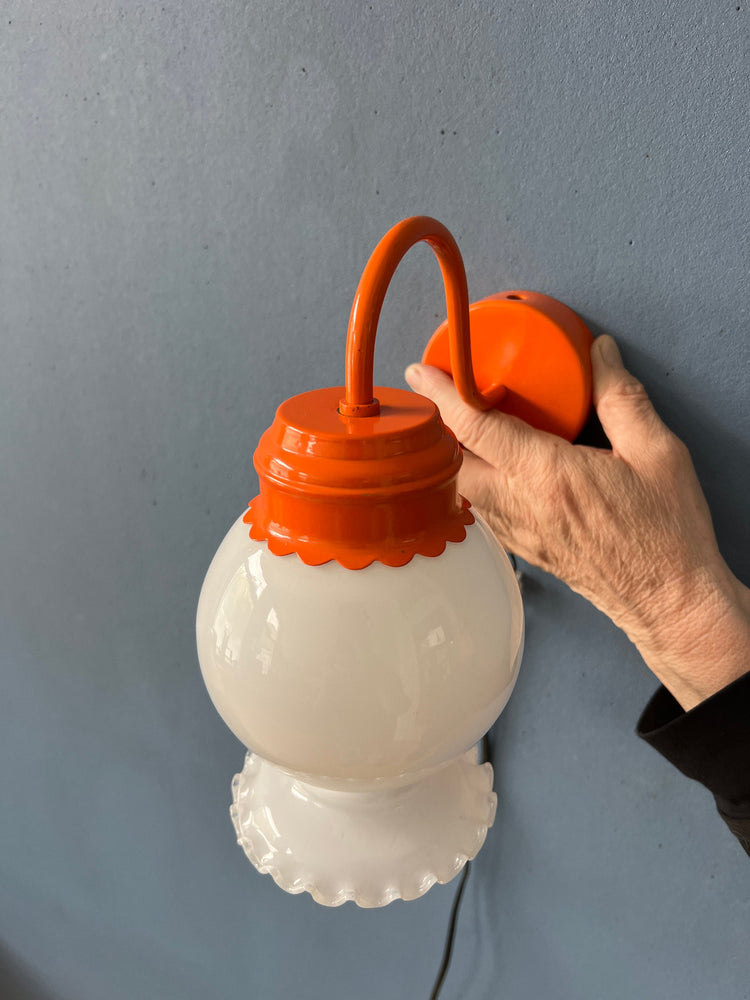 Set (2) of Opaline Glass Wall Lamps with Orange Metal Frame