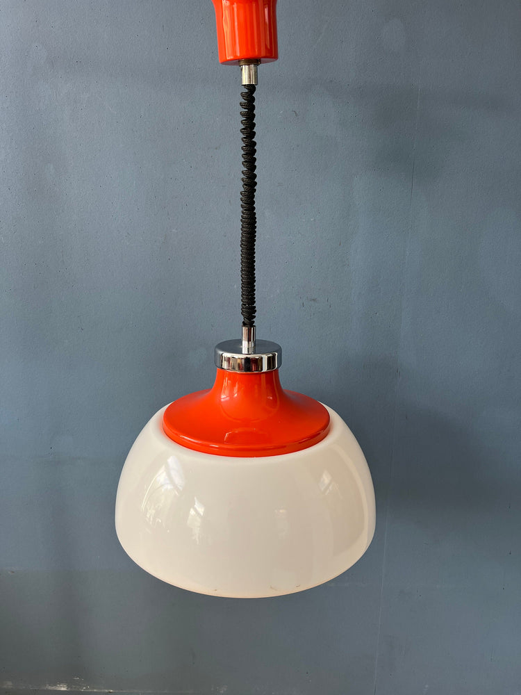 Mid Century White Plexiglass Massive Space Age Pendant Lamp with Red Top Cap