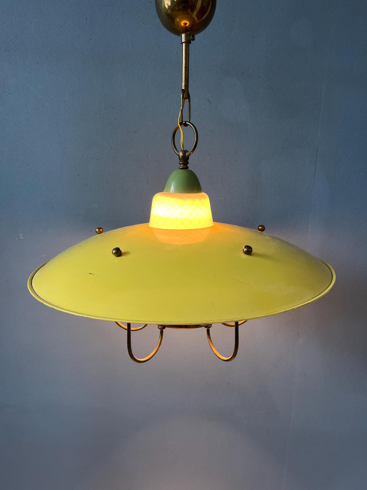 Yellow Vintage 50s Mid Century Opaline Glass and Brass Lantern Pendant Lamp