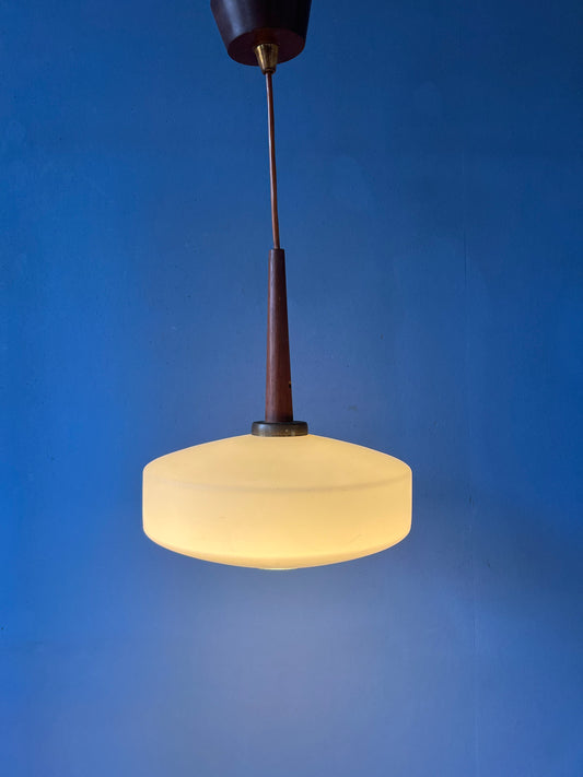 Mid Century Milk Glass Pendant Light by Louis Kalff for Philips with Teak Wood Top Cap