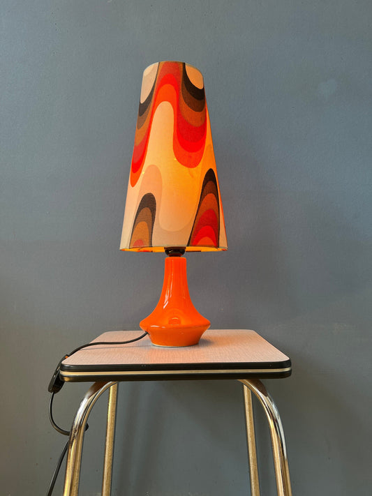 Orange Space Age Table Lamp - Flower Pattern Shade - Ceramic Red Base - Mid Century Lamp