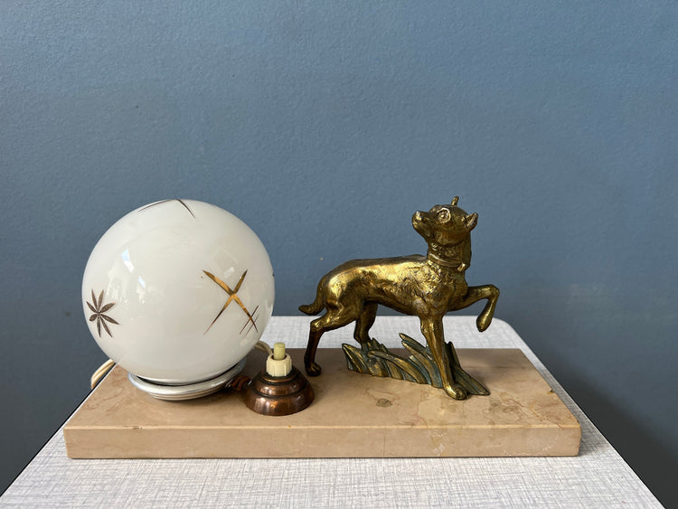 Art Deco Table Lamp with Opaline Glass Shade and Wolf Figure