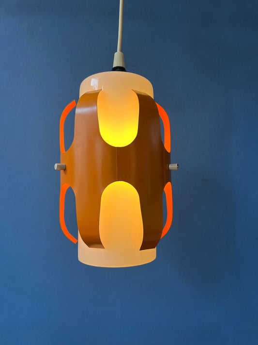 White Opaline Glass Pendant Lamp with Orange Iron Frame