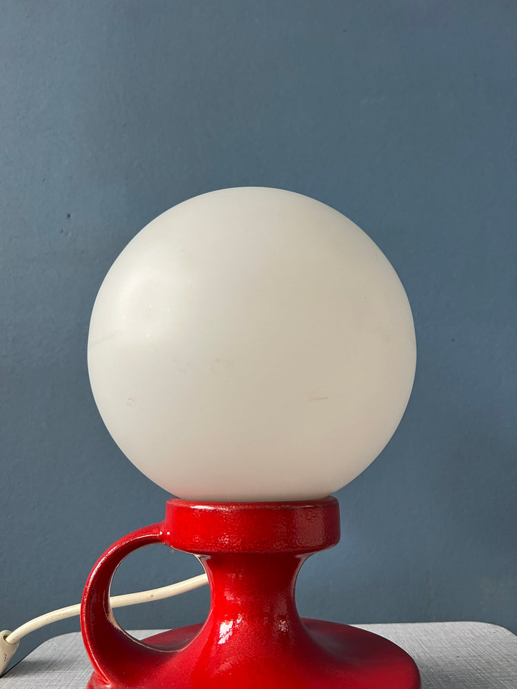 Red Mid Century West Germany Ceramic Table Lamp with White Opaline Glass Shade