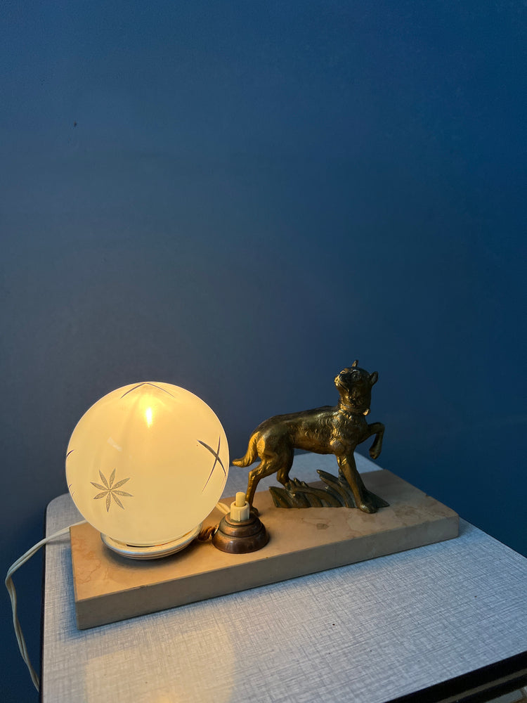 Art Deco Table Lamp with Opaline Glass Shade and Wolf Figure