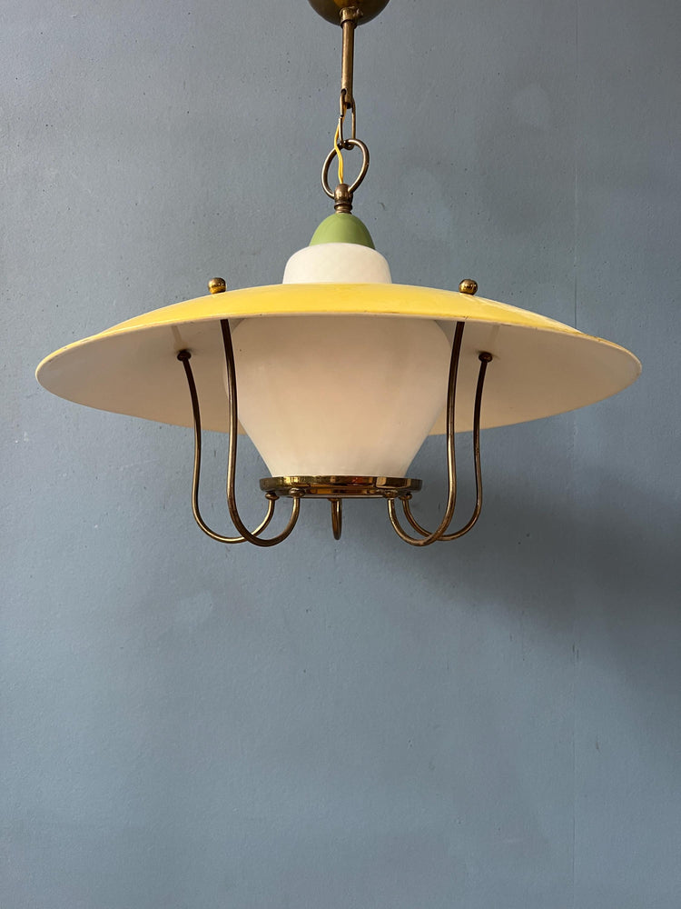 Yellow Vintage 50s Mid Century Opaline Glass and Brass Lantern Pendant Lamp