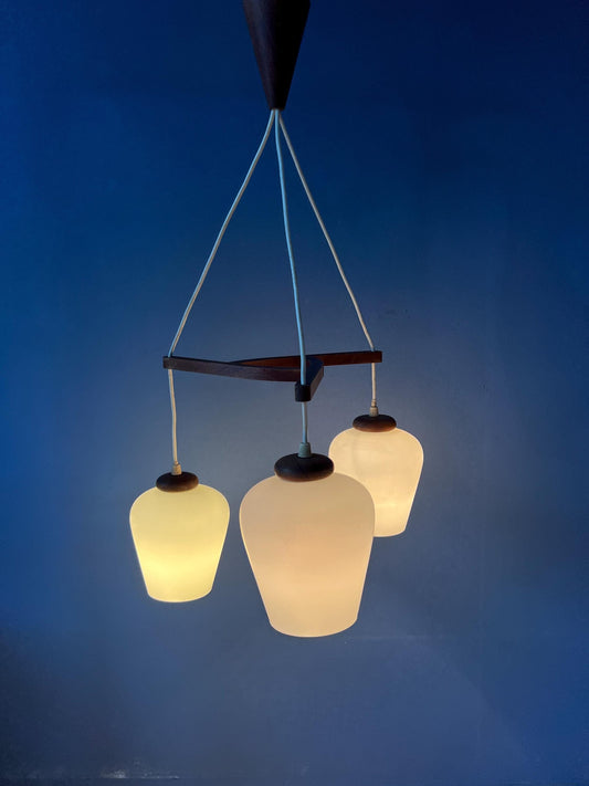 Danish Teak wood Cascade Pendant Lamp with Three Opaline Glass Shades