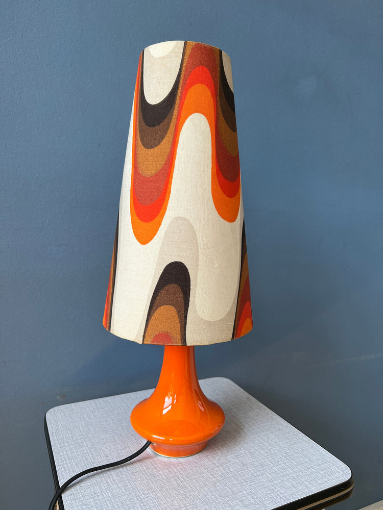 Orange Space Age Table Lamp - Flower Pattern Shade - Ceramic Red Base - Mid Century Lamp