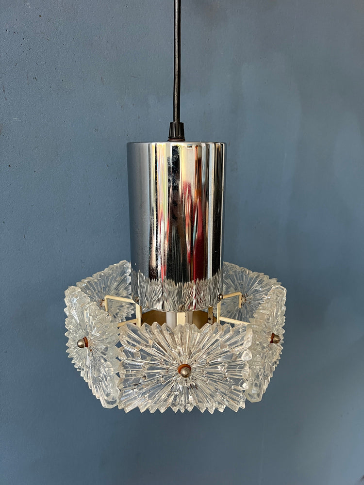 Mid Century Crystal Glass Hanging Lamp with Chrome Frame