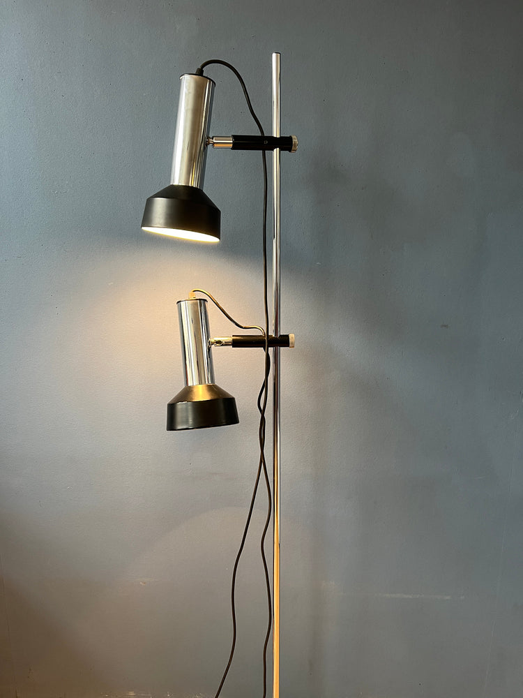 Mid Century Floor Lamp with Two Black/Chrome Spots