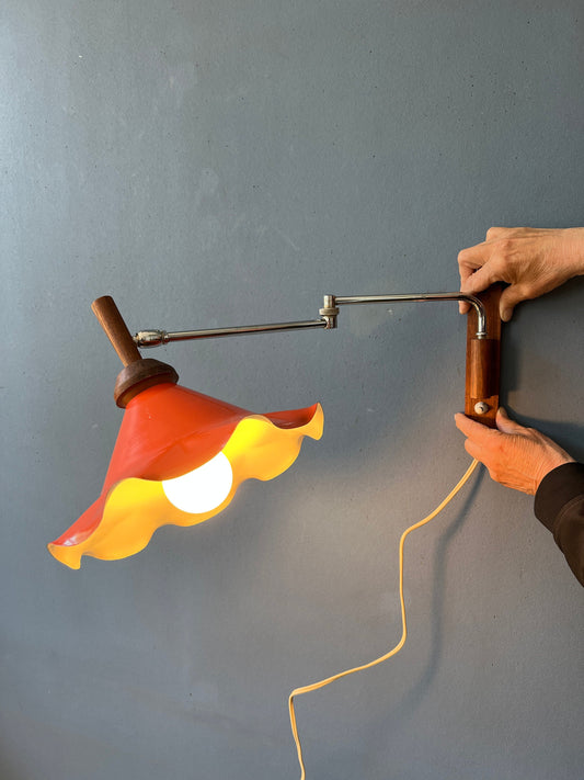 Red Swing Arm Wall Lamp - Teak Sconce - Red Flower Shade - Mid Century Light