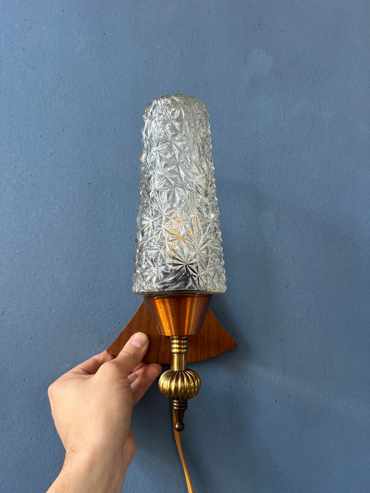 Vintage Teak Wood Clear Glass Wall Sconce Lamp