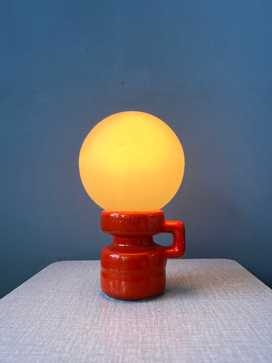 Red Mid Century West Germany Ceramic Table Lamp with White Opaline Glass Shade