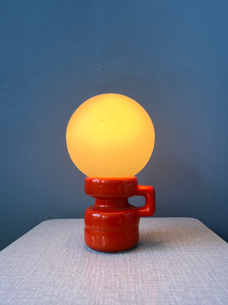 Red Mid Century West Germany Ceramic Table Lamp with White Opaline Glass Shade