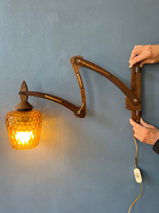 Mid Century Teak Wall Lamp - Glass Wall Light - Adjustable Sconce