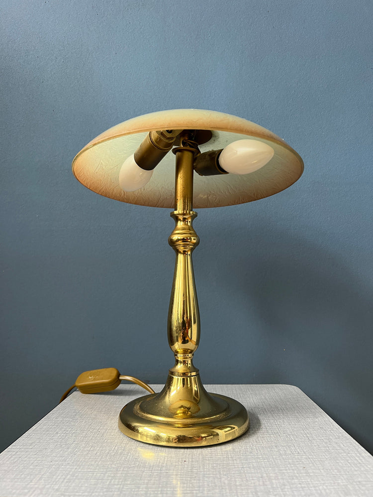 Art Deco Style Table Lamp with Glass Shade and Metal, Golden Base