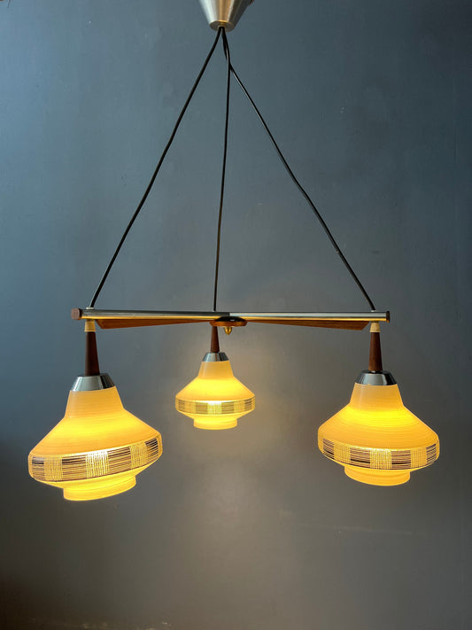 Danish Cascade Pendant Lamp with Three Opaline Glass Shades and Teak Wood Elements