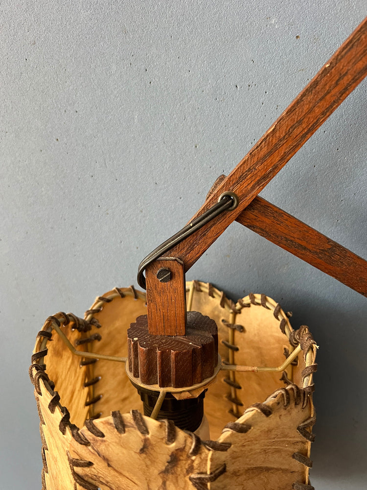 Teak Wood Scissor Wall Lamp with Warm-Toned Shade