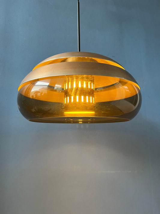 Large Acrylic Glass Space Age Pendant with Aluminium Copper Coloured Caps