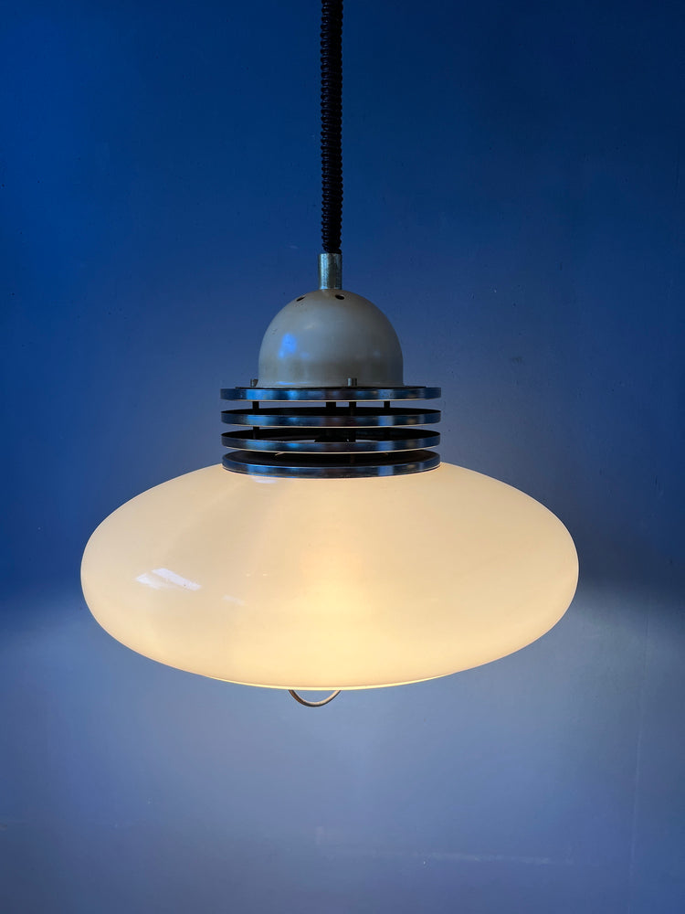 White Space Age Pendant Lamp with Plexiglass Shade and Chrome Top Cap