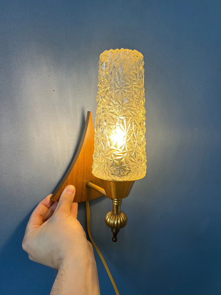 Vintage Teak Wood Clear Glass Wall Sconce Lamp