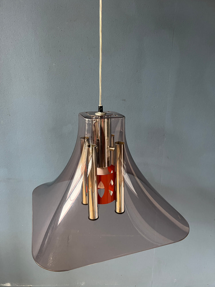 Rare Space Age Hat Pendant Lamp with Acrylic Glass Shade and Chrome Inner Frame