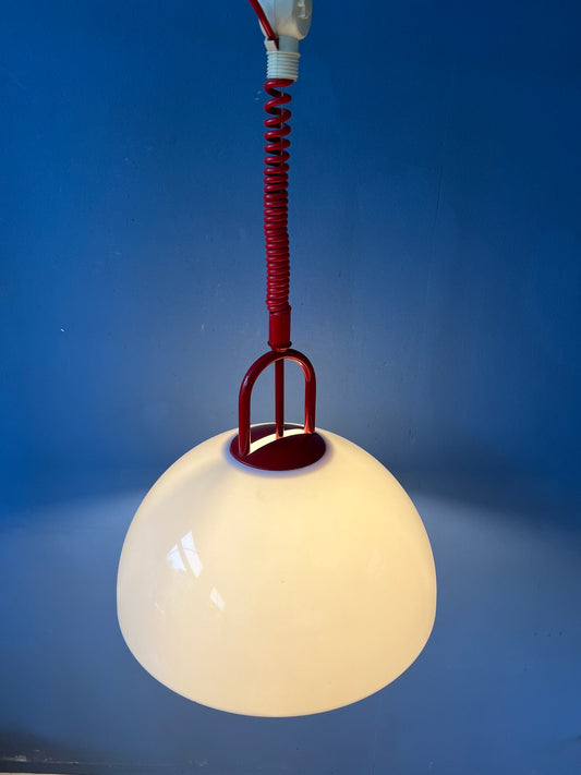 Massive Red Frame Pendant Lamp with White Plexiglass Shade