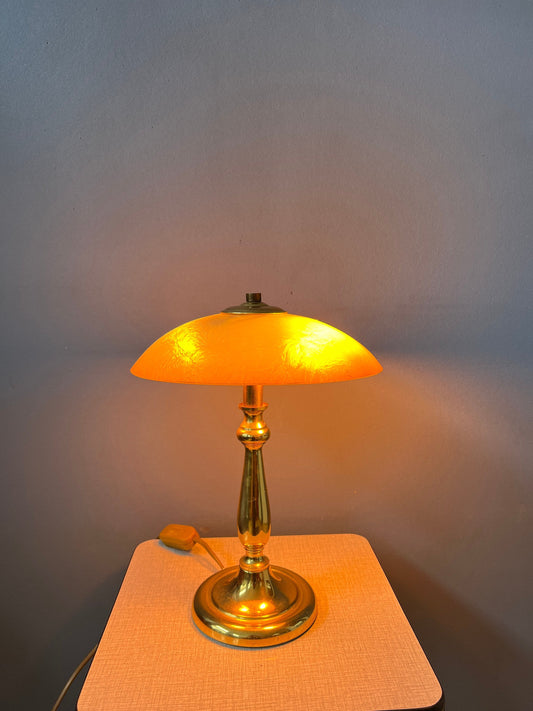 Art Deco Style Table Lamp with Glass Shade and Metal, Golden Base