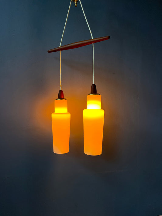 Danish Pendant Lamp with Two Opaline Glass Shades and Teak Wood Elements