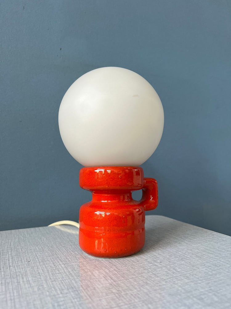 Red Mid Century West Germany Ceramic Table Lamp with White Opaline Glass Shade