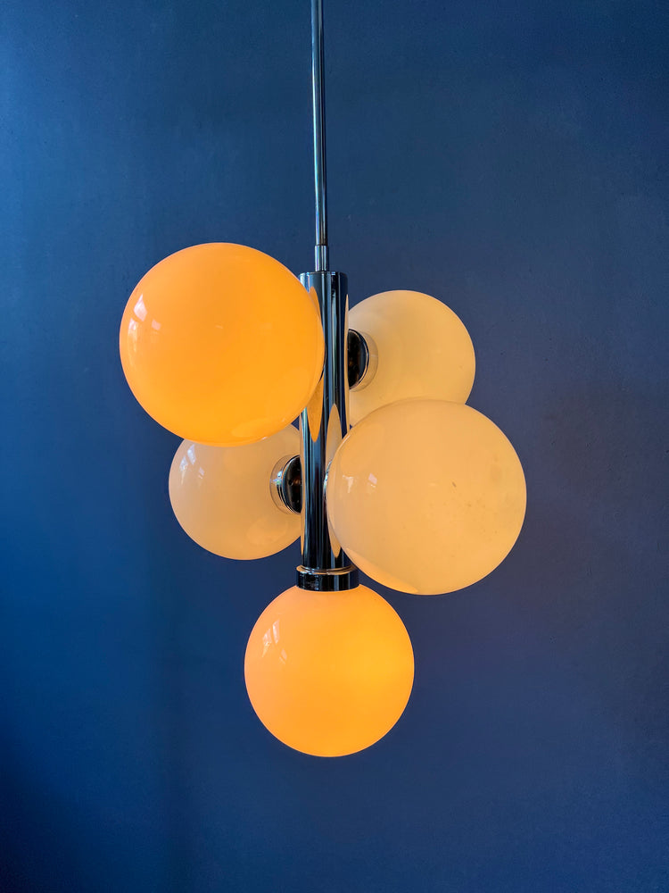 70s Sputnik Chandelier - Chrome Space Age Pendant Lamp - Opaline Glass Light Fixture