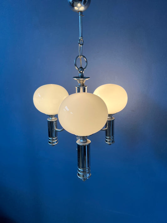 Mid Century White Opaline Glass Chandelier with Chrome Frame