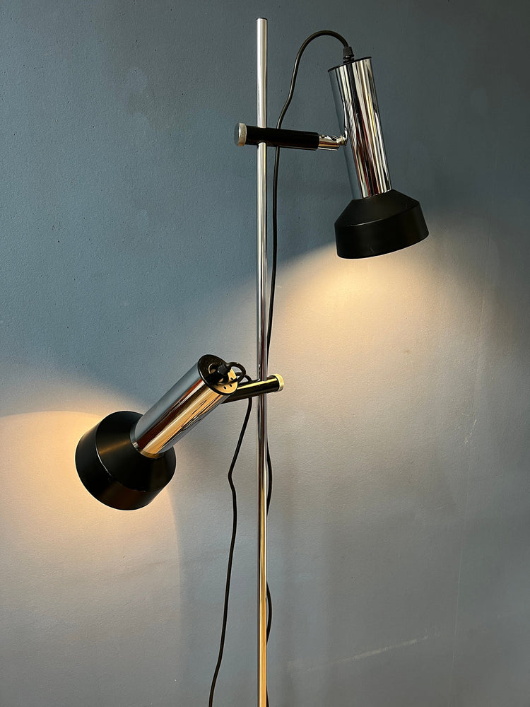 Mid Century Floor Lamp with Two Black/Chrome Spots