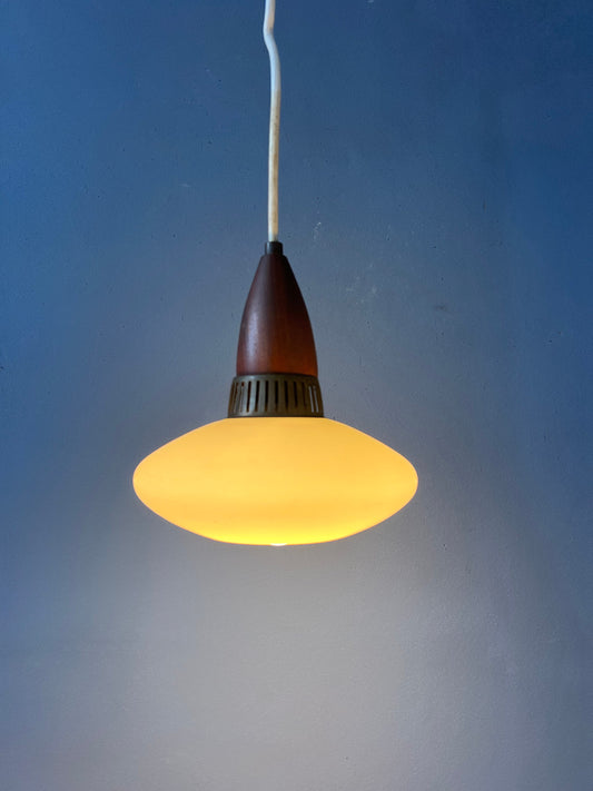 Small Mid Century Teak Wood Opaline Glass Pendant Lamp