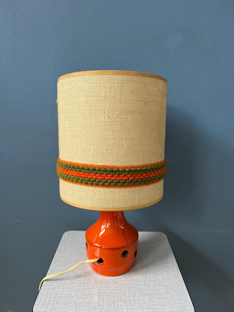 Orange Ceramic Table Lamp - Space Age Desk Light - Textile Shade - 70s Lighting