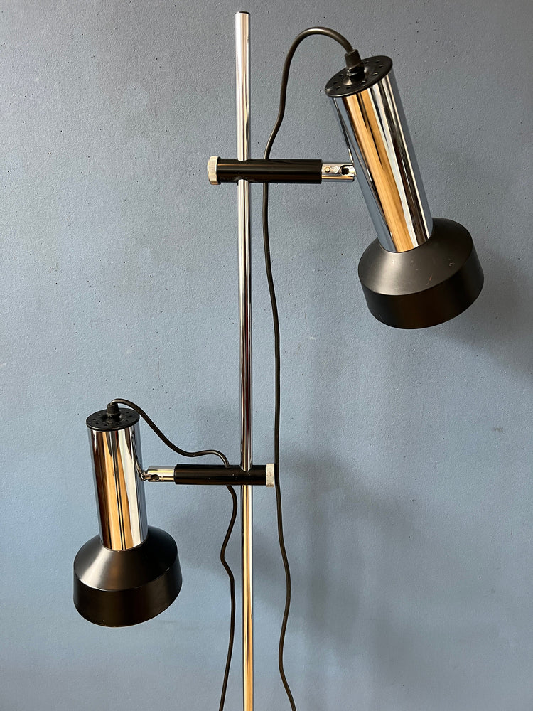 Mid Century Floor Lamp with Two Black/Chrome Spots