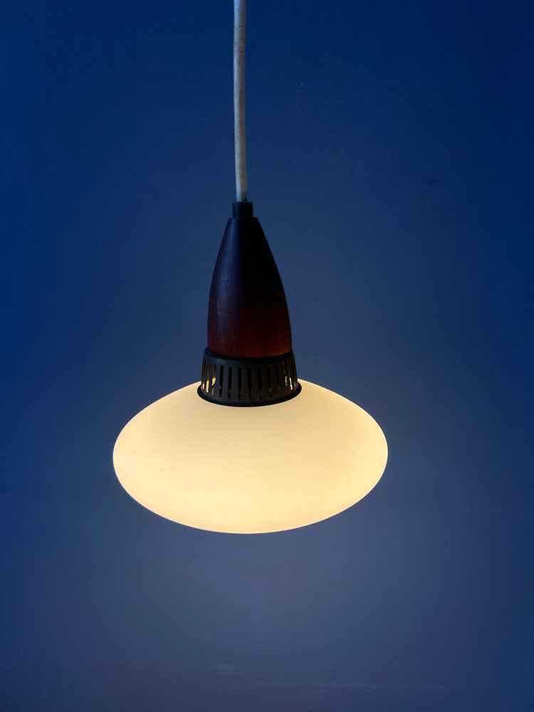 Small Mid Century Teak Wood Opaline Glass Pendant Lamp