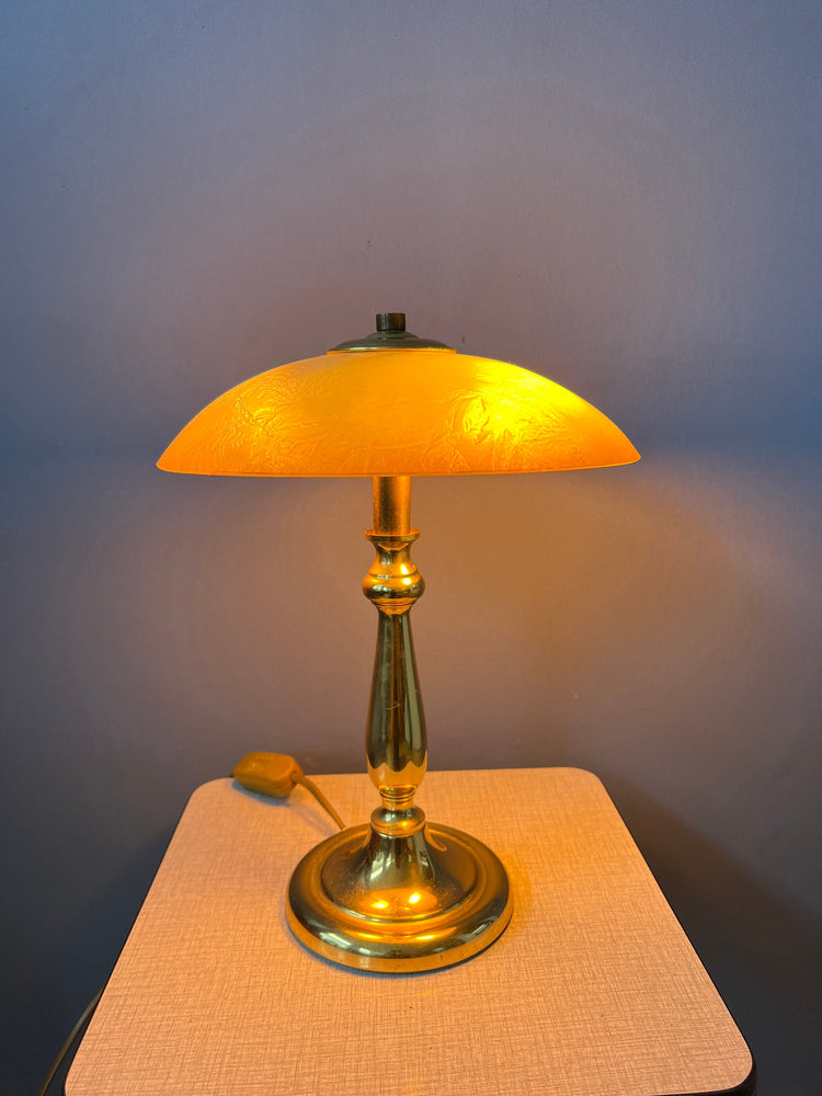 Art Deco Style Table Lamp with Glass Shade and Metal, Golden Base