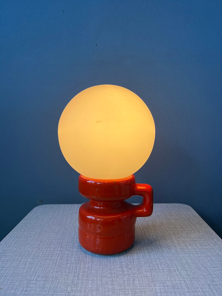 Red Mid Century West Germany Ceramic Table Lamp with White Opaline Glass Shade