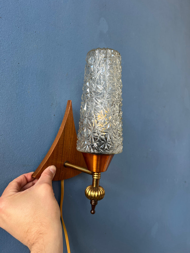 Vintage Teak Wood Clear Glass Wall Sconce Lamp