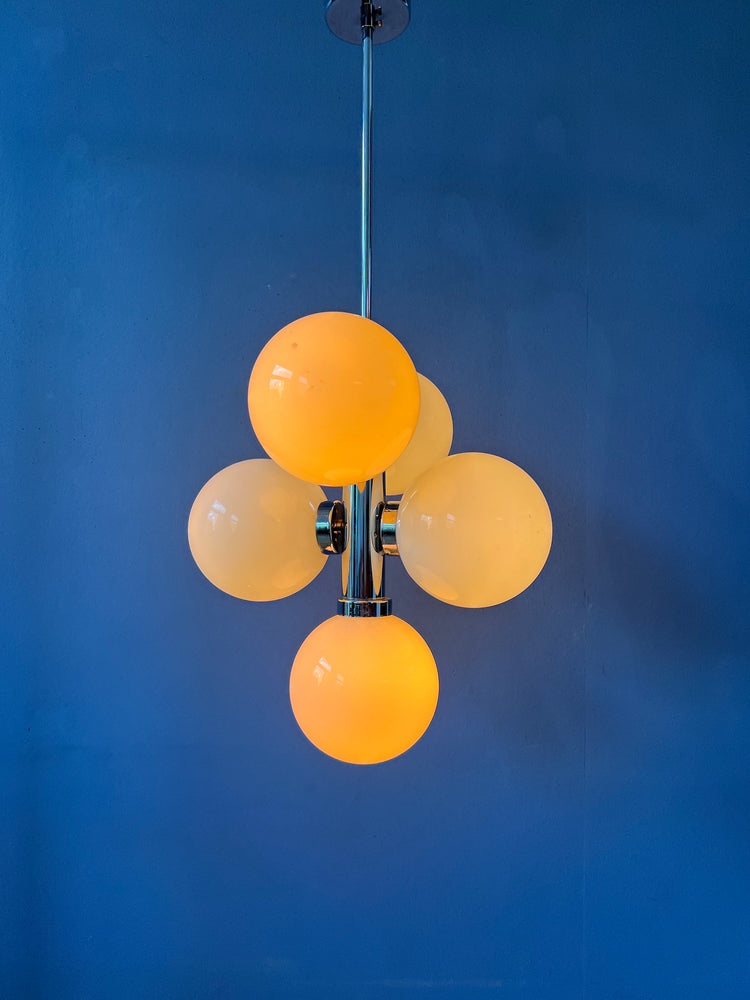 70s Sputnik Chandelier - Chrome Space Age Pendant Lamp - Opaline Glass Light Fixture