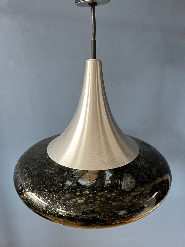 Mid Century Doria Leuchten Black Glass Pendant Lamp - Space Age Hanging Lamp - 70s Glass Light Fixture
