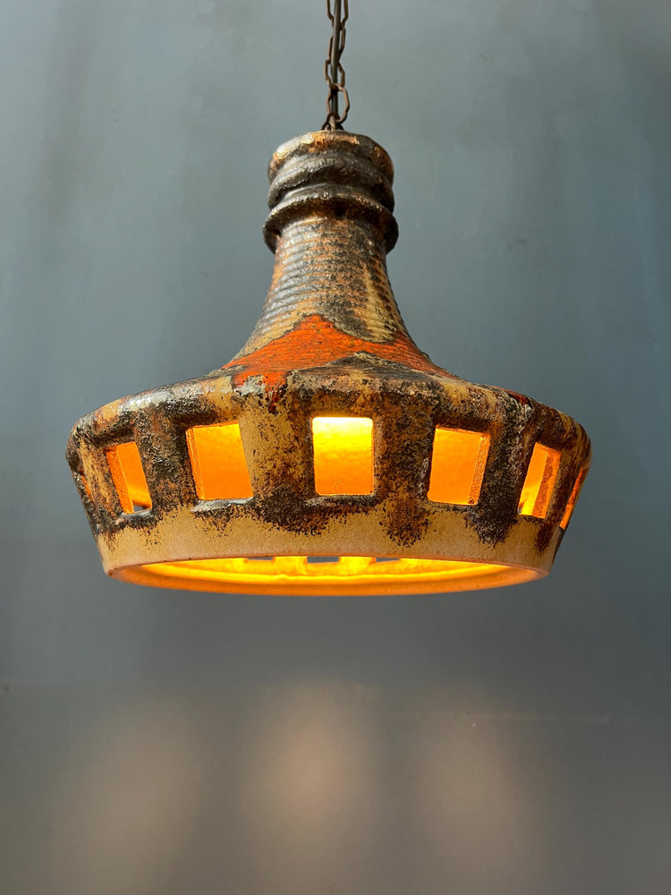 West Germany Ceramic Orange and Brown Pendant Lamp