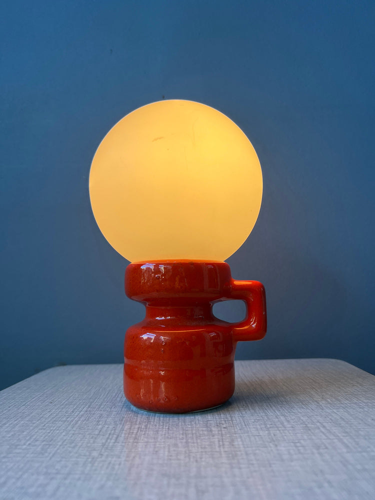 Red Mid Century West Germany Ceramic Table Lamp with White Opaline Glass Shade