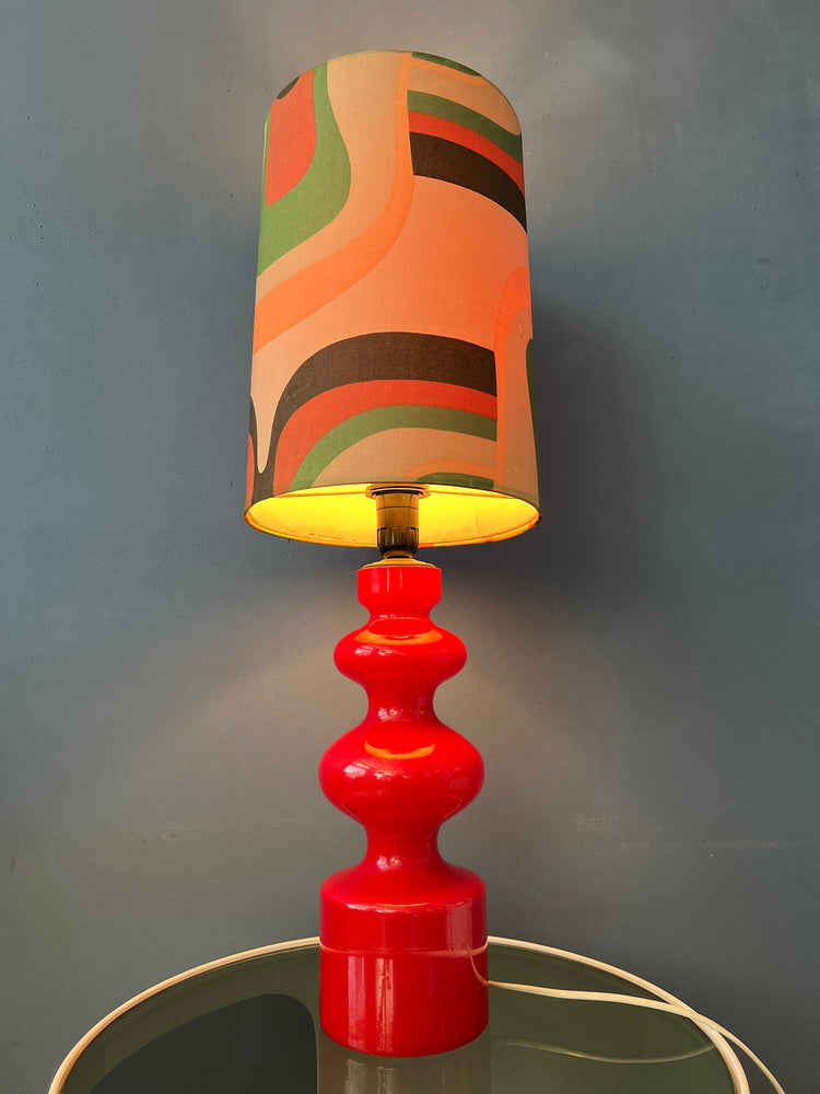 Red Mid Century Space Age West Germany Glass Table Lamp with Textile Shade