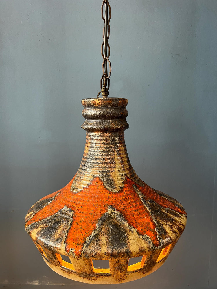 West Germany Ceramic Orange and Brown Pendant Lamp