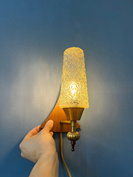 Vintage Teak Wood Clear Glass Wall Sconce Lamp