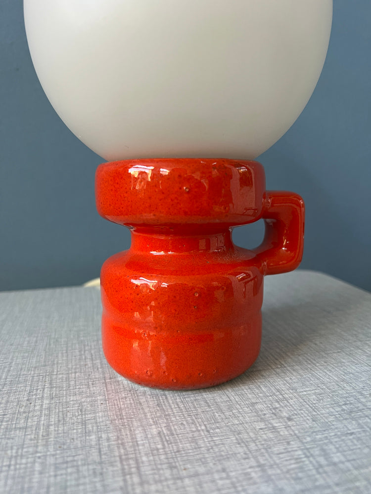 Red Mid Century West Germany Ceramic Table Lamp with White Opaline Glass Shade