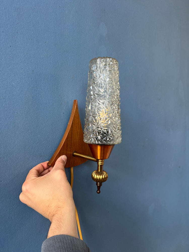 Vintage Teak Wood Clear Glass Wall Sconce Lamp