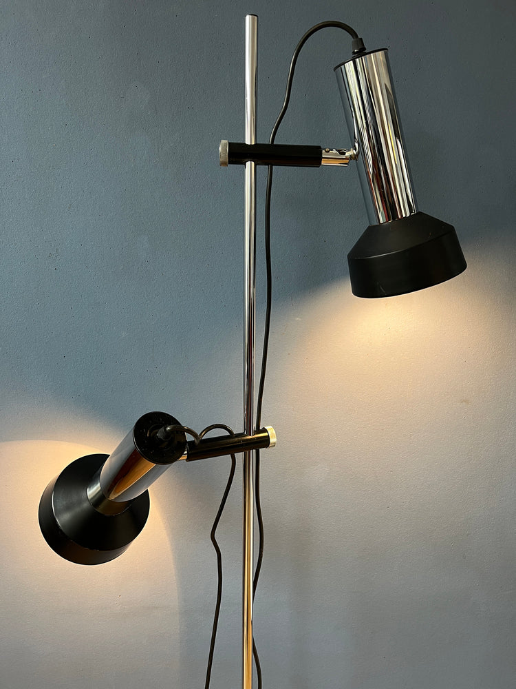 Mid Century Floor Lamp with Two Black/Chrome Spots